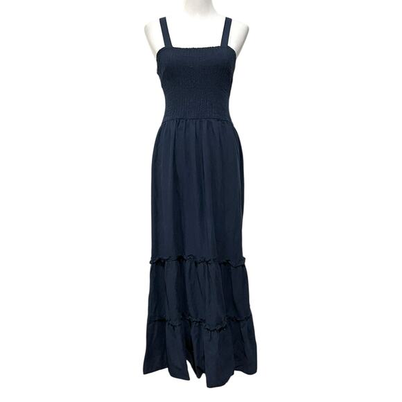 Falls Creek Linen Blend Dress Navy Blue Tiered Smocked Midi Womens Sz Large - Picture 1 of 9